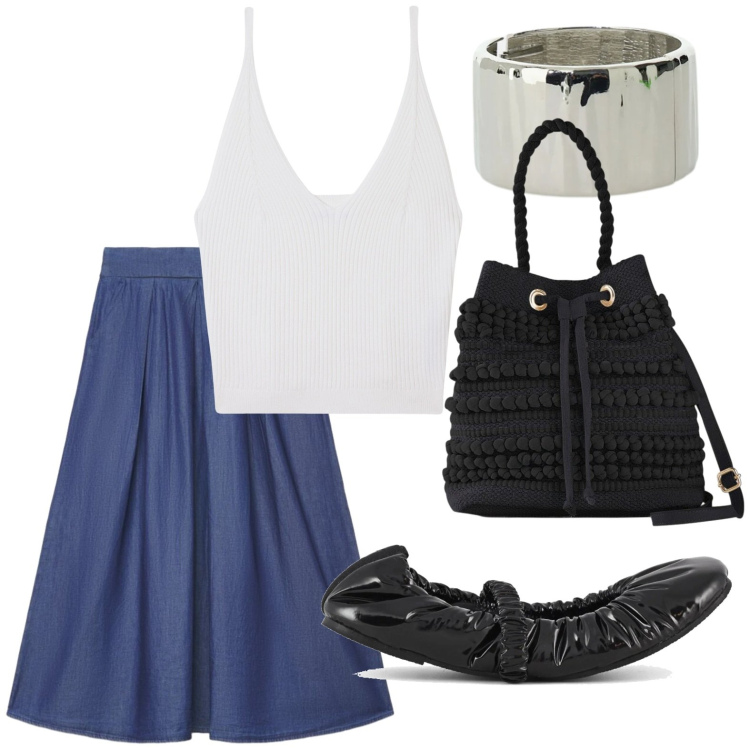 Outfit donna - Silhouette fluide e leggere. Stile Glamour per Tutti i giorni. Abbinamento con borse a secchiello, gonne lunghe, top, braccialetti, ballerine.