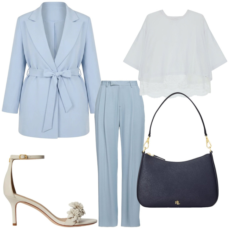 Outfit donna - Punto vita protagonista. Stile Glamour per Serata fuori. Abbinamento con pantaloni, blazer, top, borse a spalla, sandali in pelle.