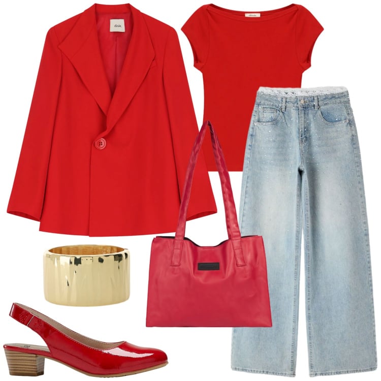 Outfit donna - Rosso Energia Denim. Stile Casual chic per Tutti i giorni. Abbinamento con décolleté, jeans, braccialetti, blazer, top, shopping bag.