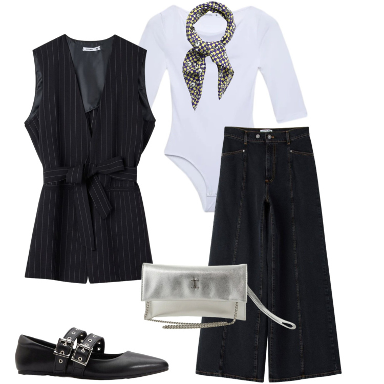 Outfit donna - A maggio con il foulard. Stile Casual chic per Tutti i giorni. Abbinamento con ballerine, jeans, foulard, t-shirt, gilet, borse a tracolla.