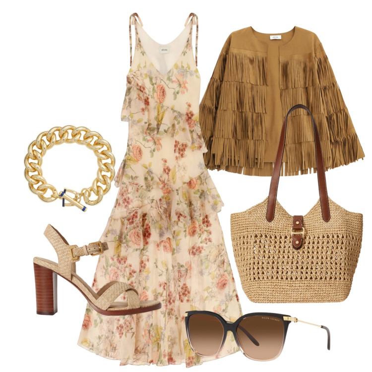 Outfit donna - Maggio. Stile Boho per Tutti i giorni. Abbinamento con vestiti lunghi, giacche, occhiali da sole, borse tote, braccialetti, sandali col tacco.