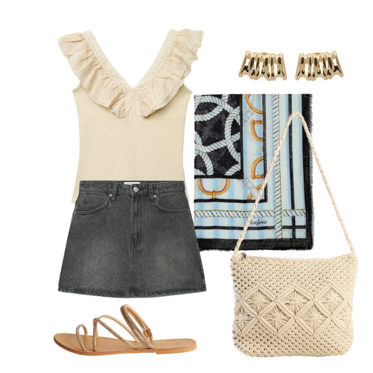 Outfit donna - Maggio. Stile Trendy per Tutti i giorni. Abbinamento con borse a tracolla, sandali, minigonne, top, orecchini, foulard.