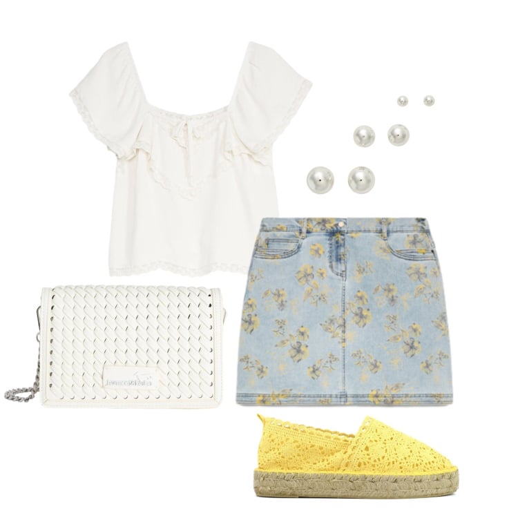 Outfit donna - Maggio. Stile Trendy per Tutti i giorni. Abbinamento con canottiere, borse a tracolla, minigonne, orecchini, espadrillas.