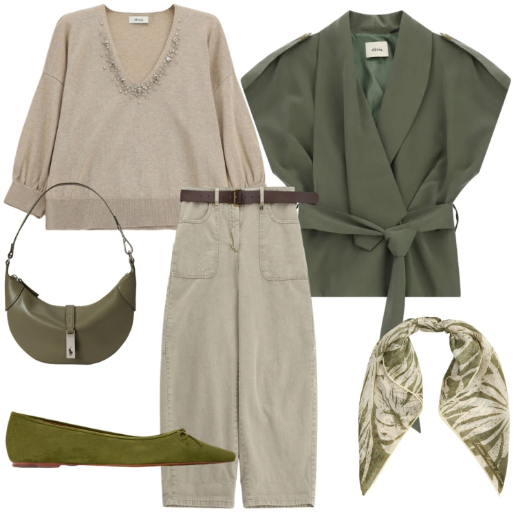Outfit donna - Maggio con il foulard. Stile Casual chic per Ufficio. Abbinamento con blazer, pantaloni a palazzo, maglieria, borse a spalla, ballerine, foulard.