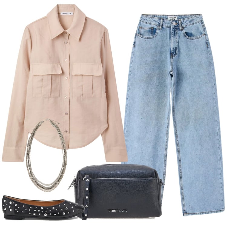 Outfit donna - Passi luminosi. Stile Casual per Scuola/Università. Abbinamento con camicie, jeans, collane, borse a tracolla, ballerine.