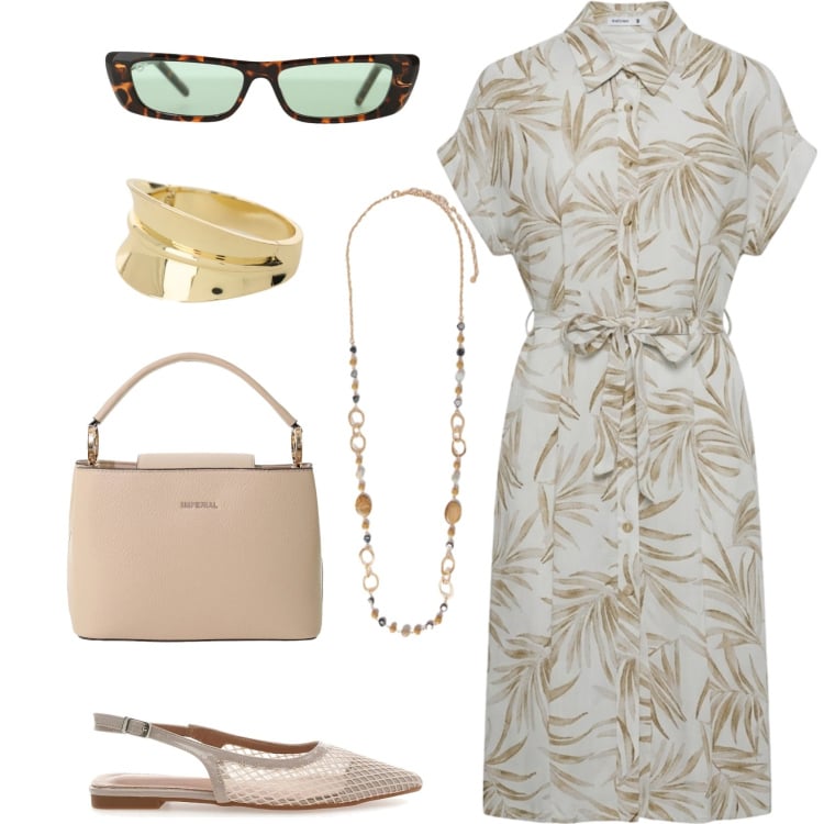 Outfit donna - Anni \'50. Stile Vintage retrò per Ufficio. Abbinamento con vestiti chemisier, borse a secchiello, occhiali da sole, braccialetti, collane, ballerine.