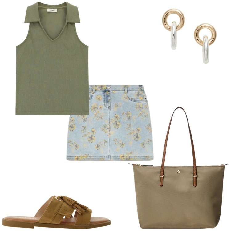 Outfit donna - Mini jeans con un top. Stile Casual per Tutti i giorni. Abbinamento con sandali, top, minigonne, borse tote, orecchini.