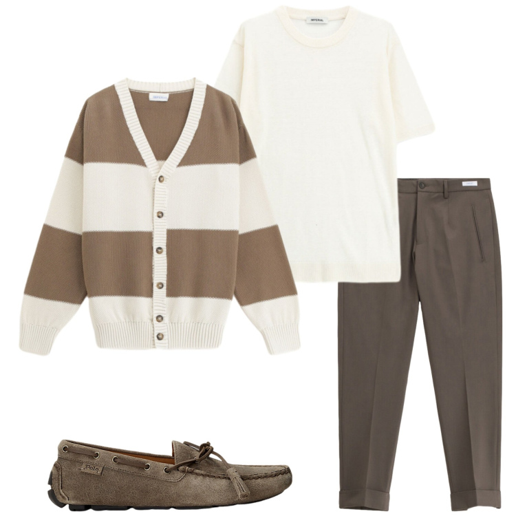 Outfit uomo - Casual style. Stile Casual per Tutti i giorni. Abbinamento con cardigans, t-shirt, pantaloni, scarpe stringate.