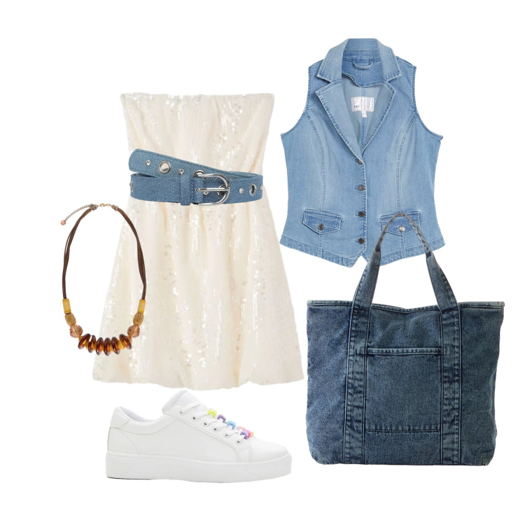 Outfit donna - Maggio. Stile Trendy per Tutti i giorni. Abbinamento con sneakers, gilet, shopping bag, cinture, vestiti corti, collane.