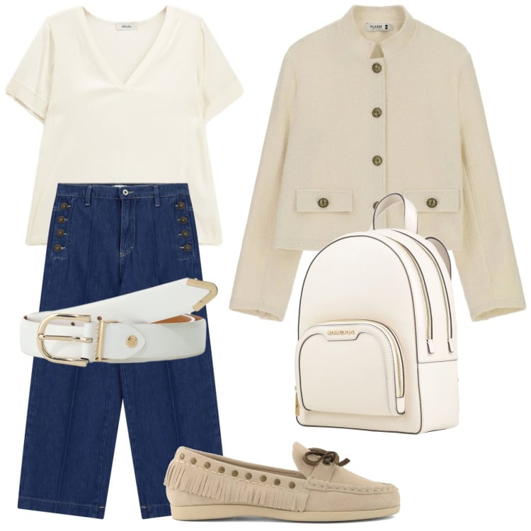 Outfit donna - Total look #2397981. Stile Casual per Tutti i giorni. Abbinamento con zaini, cappotti, jeans, cinture, t-shirt, mocassini.