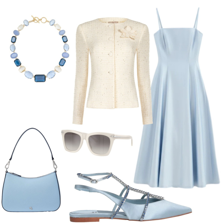 Outfit donna - Invito al matrimonio, prevedo scalini. Stile Bon Ton per Cerimonia. Abbinamento con ballerine, vestiti midi/longuette, blazer, borse a spalla, occhiali da sole, collane.