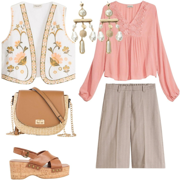 Outfit donna - Rosa pesco. Stile Boho per Tutti i giorni. Abbinamento con bermuda, gilet, bluse, zeppe, borse a tracolla, orecchini.