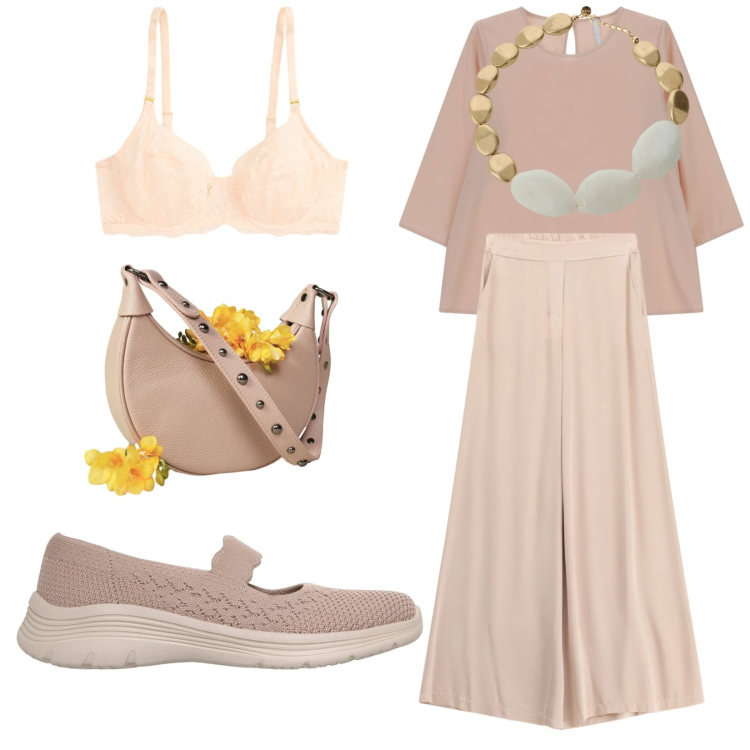 Outfit donna - Le ballerine versatili. Stile Casual chic per Tutti i giorni. Abbinamento con bluse, borse a spalla, collane, pantaloni a palazzo, reggiseni, ballerine.