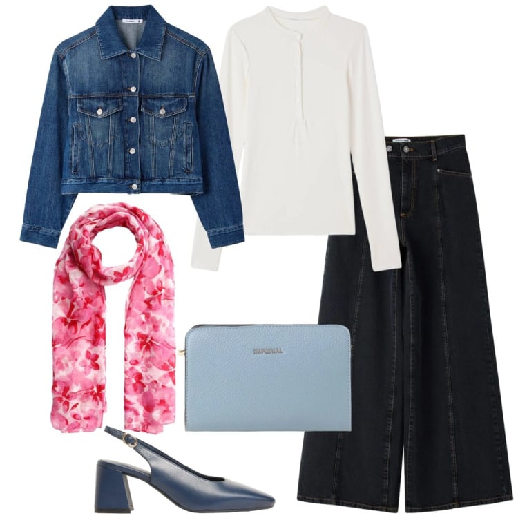 Outfit donna - A maggio con un foulard. Stile Casual chic per Tutti i giorni. Abbinamento con décolleté, foulard, cappotti, jeans, t-shirt, borse a tracolla.