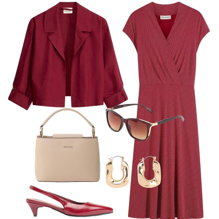Outfit donna - Pois. Stile Minimal per Tutti i giorni. Abbinamento con orecchini, décolleté, blazer, vestiti midi/longuette, occhiali da sole, borse a secchiello.