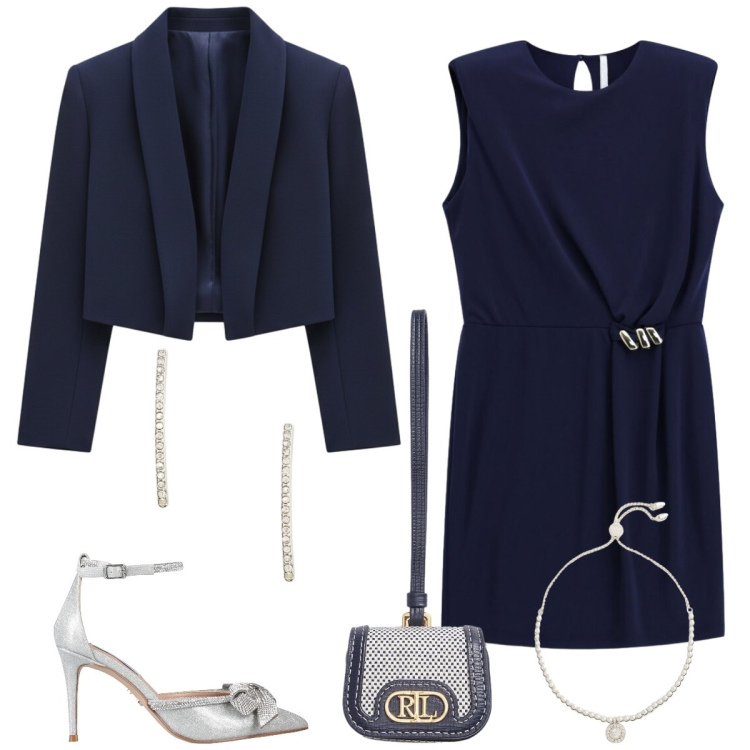 Outfit donna - Serata fuori. Stile Chic per Serata fuori. Abbinamento con décolleté, vestiti asimmetrici, bolero, braccialetti, orecchini, pochette.