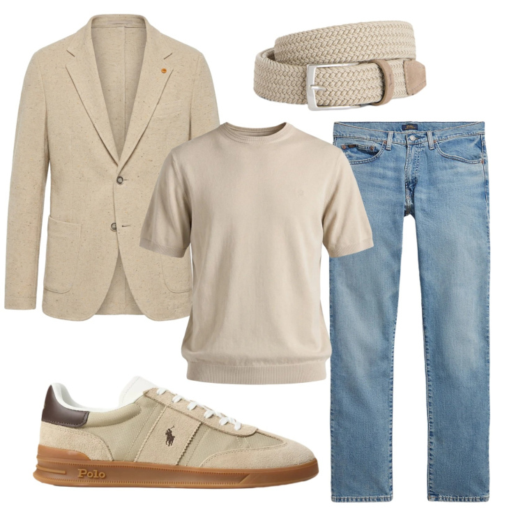 Outfit uomo - Una qualunque sera di maggio. Stile Casual per Serata speciale. Abbinamento con cinture, t-shirt, giacche, jeans, sneakers.
