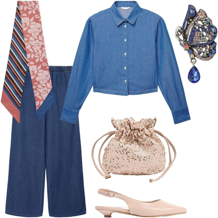 Outfit donna - Foulard in vita. Stile Romantica per Tutti i giorni. Abbinamento con sandali, jeans, camicie, pochette, ciondoli, foulard.