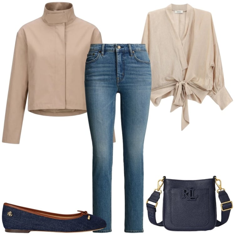 Outfit donna - Sempre raffinata con la blusa. Stile Casual chic per Serata fuori. Abbinamento con bluse, blazer, ballerine, borse a tracolla, jeans dritti.