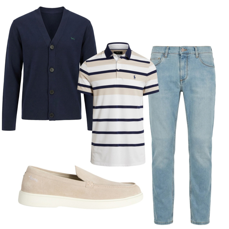 Outfit uomo - Total look #2398017. Stile Casual per Tutti i giorni. Abbinamento con jeans slim fit, scarpe stringate, cardigans, polo.