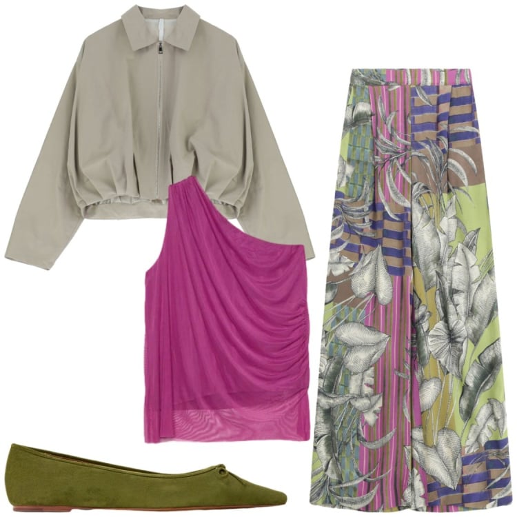 Outfit donna - Osa#ballerine. Stile Chic per Serata fuori. Abbinamento con bomber, pantaloni a palazzo, top, ballerine.
