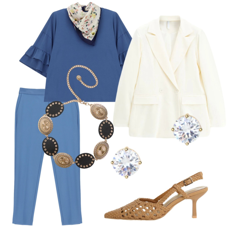 Outfit donna - Maggio con stile. Stile Trendy per Tutti i giorni. Abbinamento con cinture, top, décolleté, pantaloni, blazer, orecchini.
