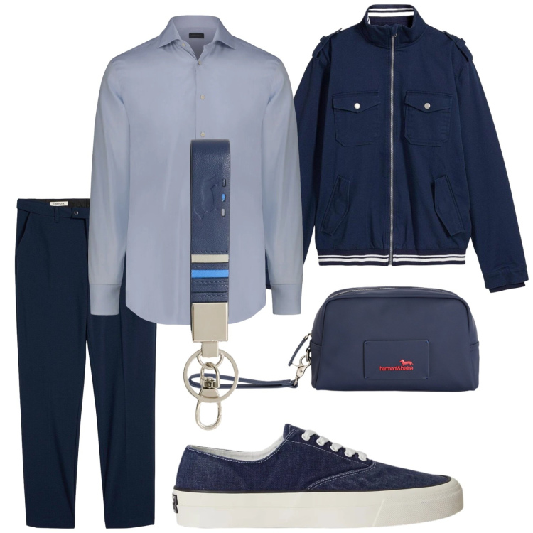 Outfit uomo - Look serata primaverile. Stile Trendy per Tutti i giorni. Abbinamento con giacche, pantaloni, portachiavi, borse sportive, camicie, sneakers.