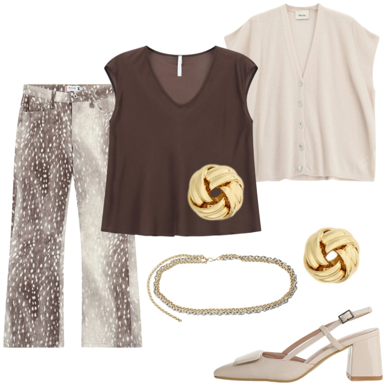 Outfit donna - Total look #2398028. Stile Trendy per Tutti i giorni. Abbinamento con pantaloni, top, décolleté, gilet, cinture, orecchini.