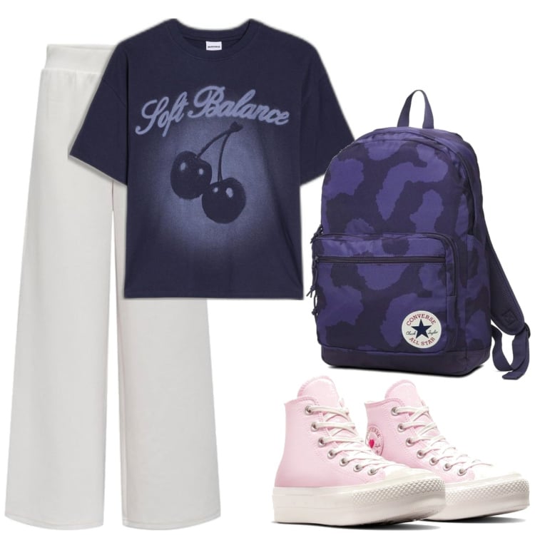 Outfit mujer - Casual. Estilo Casual para Todos los días. Combinación con sneakers, pantalones, camiseta, mochilas.