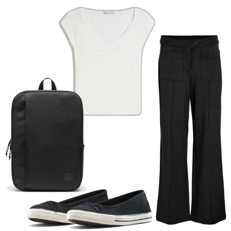 Outfit mujer - Basic look. Estilo Basic para Todos los días. Combinación con bailarinas, pantalones, camiseta, mochilas.