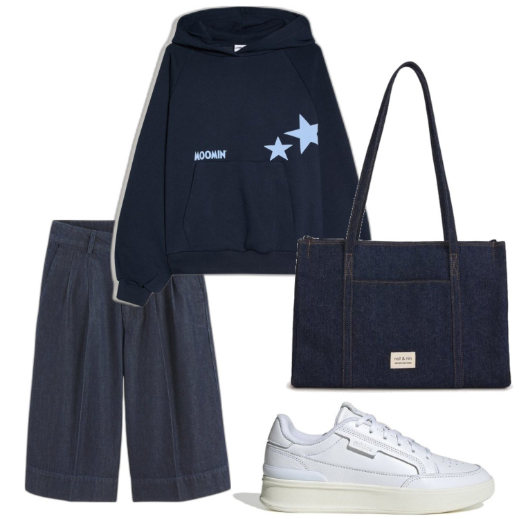 Outfit mujer - Casual. Estilo Casual para Todos los días. Combinación con bermudas, bolso tote, sneakers, sudaderas con capucha.
