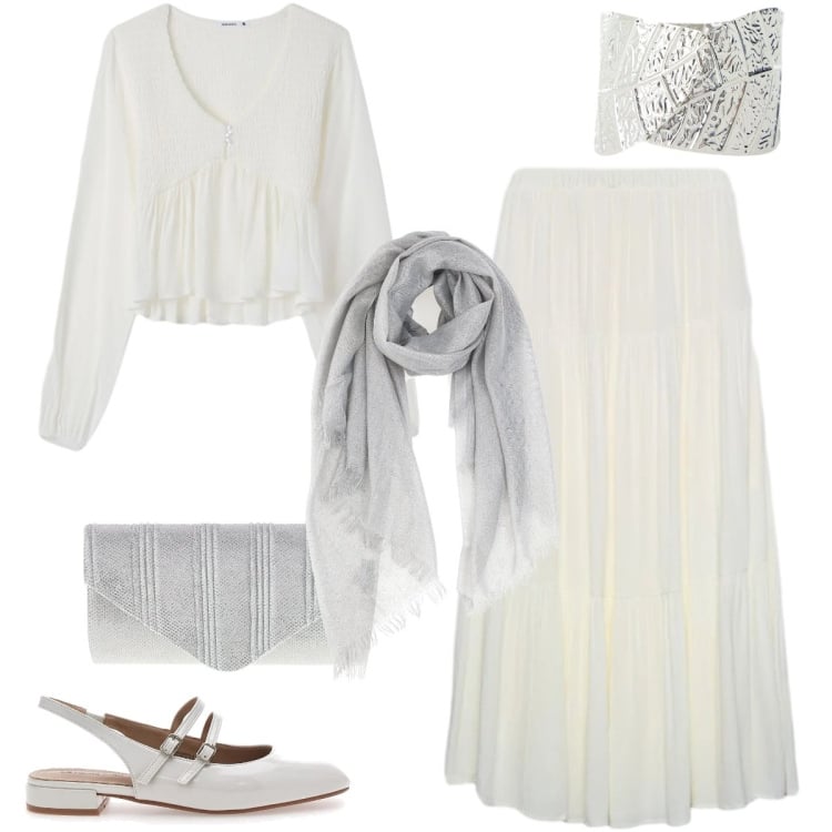 Outfit donna - Light step. Stile Romantica per Cerimonia. Abbinamento con gonne lunghe, bluse, braccialetti, foulard, ballerine, pochette.