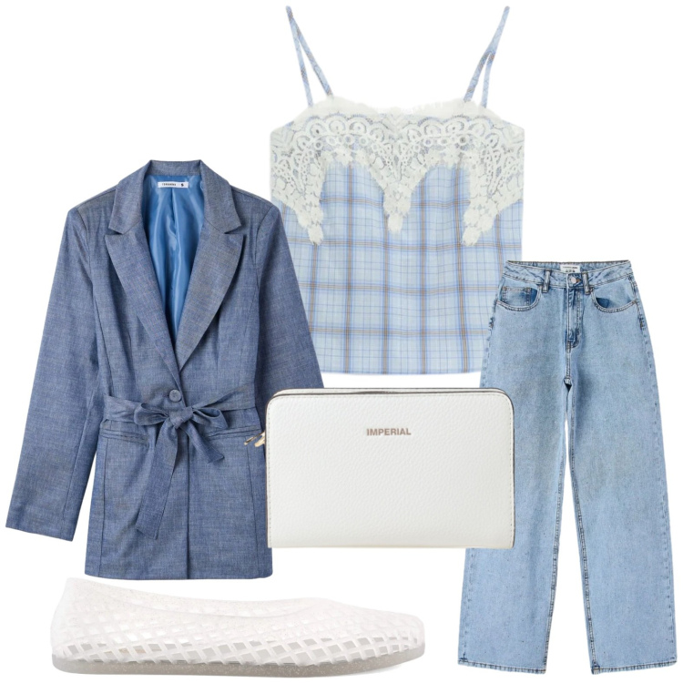 Outfit donna - Top e pizzo. Stile Casual per Tutti i giorni. Abbinamento con blazer, jeans, borse a tracolla, top, ballerine.