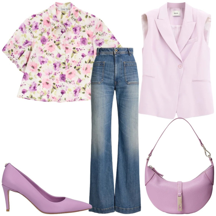 Outfit donna - Denim e Rosa. Stile Casual chic per Tutti i giorni. Abbinamento con décolleté, camicie a manica corta, gilet, borse a spalla, jeans bootcut.