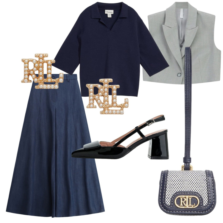 Outfit donna - Dettagli RaLau. Stile Chic per Ufficio. Abbinamento con polo, pantaloni a palazzo, décolleté, gilet, orecchini, pochette.