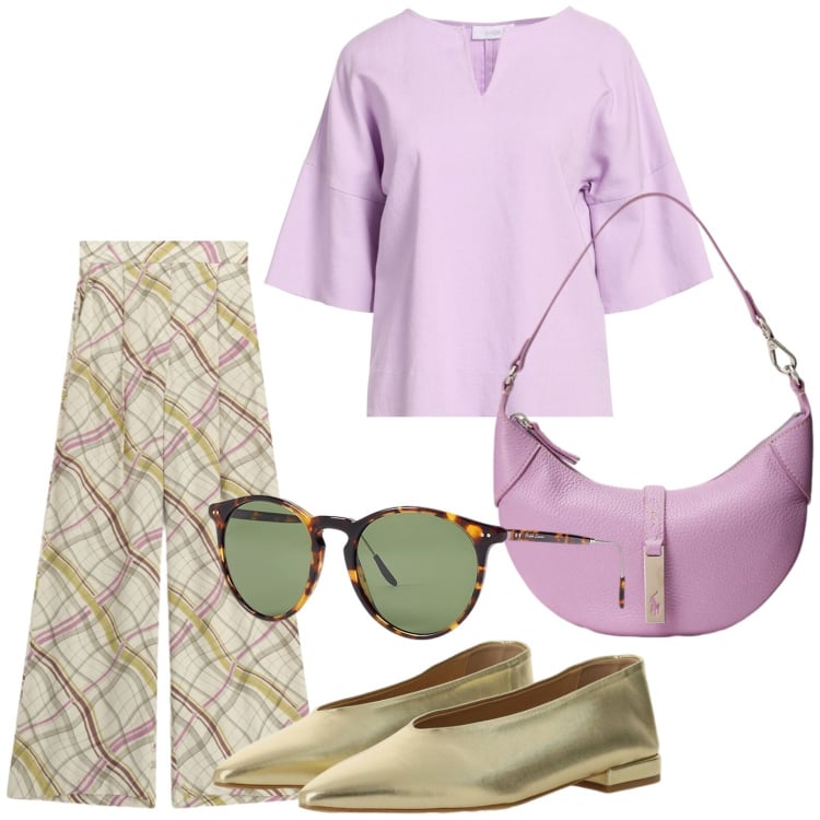 Outfit donna - Palazzo a righe trasversali. Stile Casual per Scuola/Università. Abbinamento con top, ballerine, pantaloni a palazzo, occhiali da sole, borse a spalla.