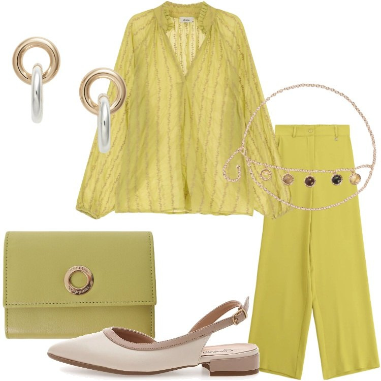 Outfit donna - Light Steps. Stile Casual chic per Serata fuori. Abbinamento con cinture, portafogli, pantaloni a palazzo, camicie, orecchini, ballerine.