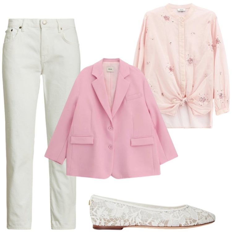 Outfit donna - Rosa e Pizzo. Stile Casual chic per Ufficio. Abbinamento con camicie, blazer, ballerine, jeans.
