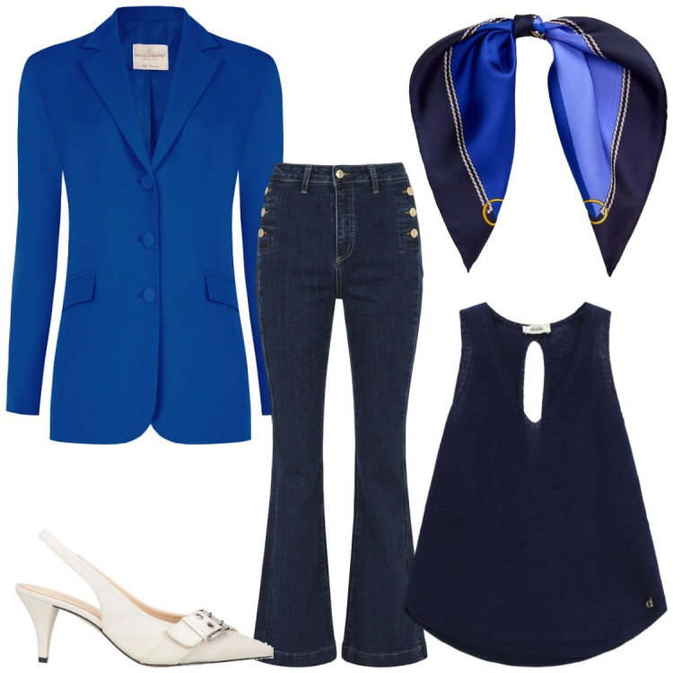 Outfit donna - Il mio foulard. Stile Bon Ton per Ufficio. Abbinamento con décolleté, jeans a zampa, blazer, top, foulard.