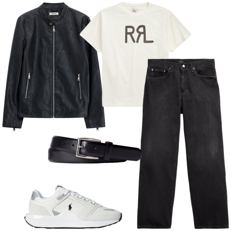 Outfit uomo - Serata primaverile. Stile Biker Rock per Serata speciale. Abbinamento con giacche, t-shirt, cinture, jeans, sneakers.
