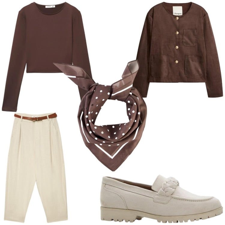 Outfit donna - Eleganza Terrosa: Foulard a Pois. Stile Casual chic per Ufficio. Abbinamento con blazer, mocassini, foulard, t-shirt, pantaloni chino.