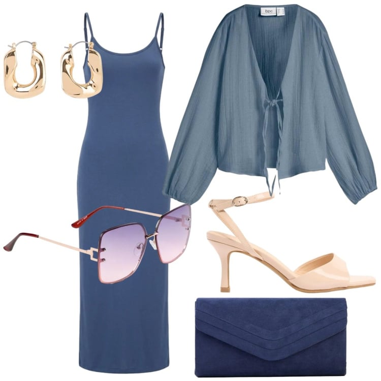 Outfit donna - Aperitivo al tramonto in spiaggia. Stile Glamour per Serata fuori. Abbinamento con blazer, orecchini, sandali col tacco, clutch, occhiali da sole, vestiti lunghi.