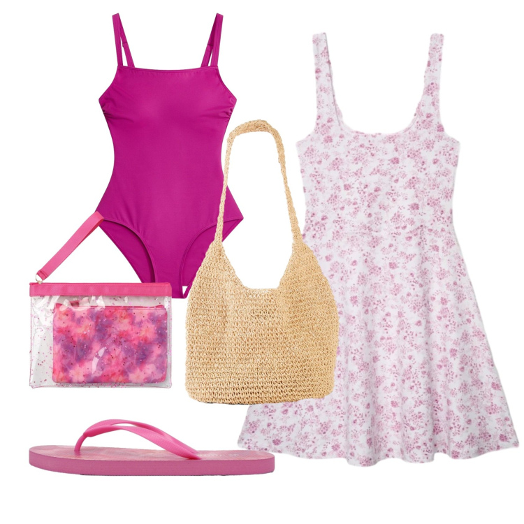 Outfit donna - Total look #2398072. Stile Romantica per Mare. Abbinamento con shopping bag, costumi interi, vestiti corti, pochette, infradito.