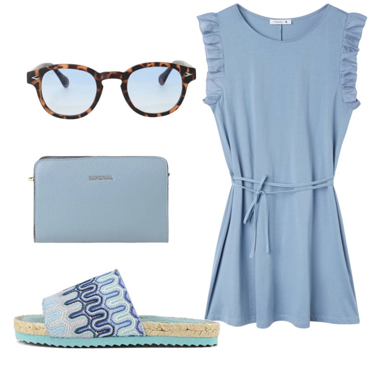 Outfit donna - Total look #2398084. Stile Basic per Mare. Abbinamento con vestiti, borse a tracolla, occhiali da sole, ciabatte.