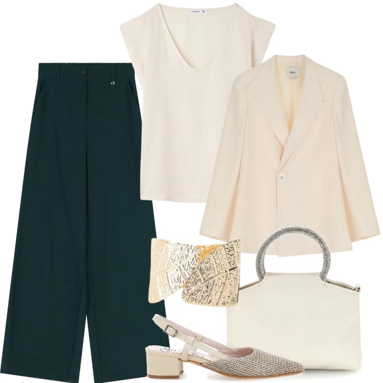 Outfit donna - Light Steps. Stile Casual chic per Cerimonia. Abbinamento con bluse, blazer, pantaloni a palazzo, braccialetti, ballerine, borse a mano.