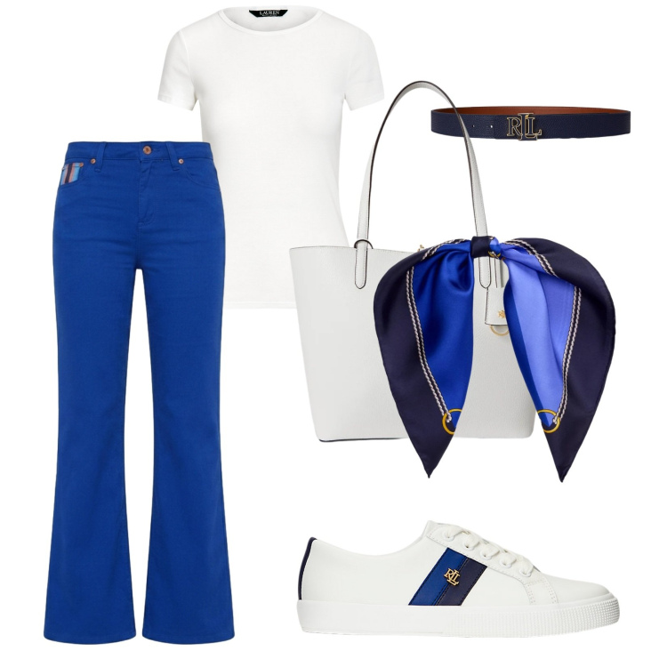 Outfit donna - Navy a primavera. Stile Casual per Tutti i giorni. Abbinamento con pantaloni, foulard, sneakers, t-shirt, cinture, borse tote.