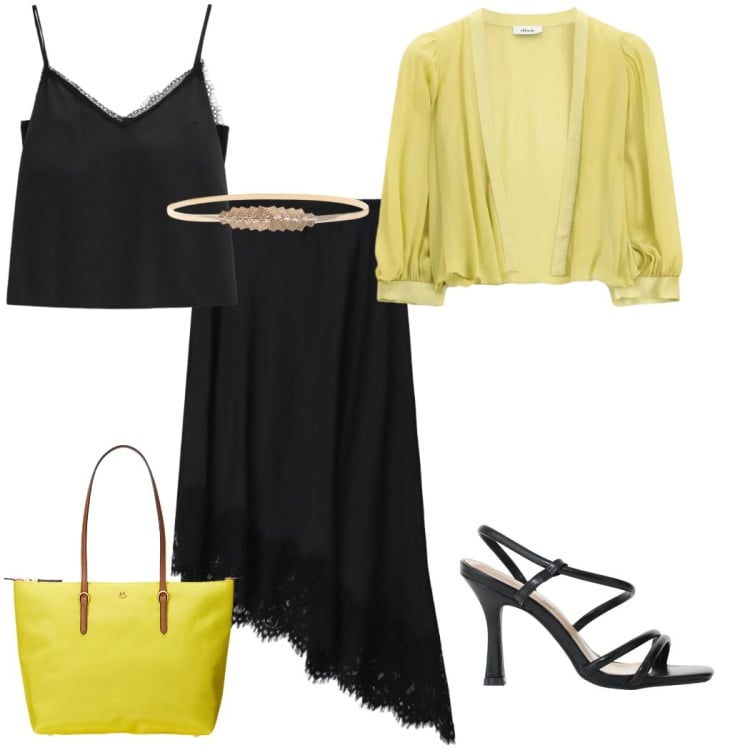 Outfit donna - Look da aperitivo primaverile. Stile Casual chic per Serata fuori. Abbinamento con gonne longuette, canottiere, sandali col tacco, blazer, cinture, borse tote.