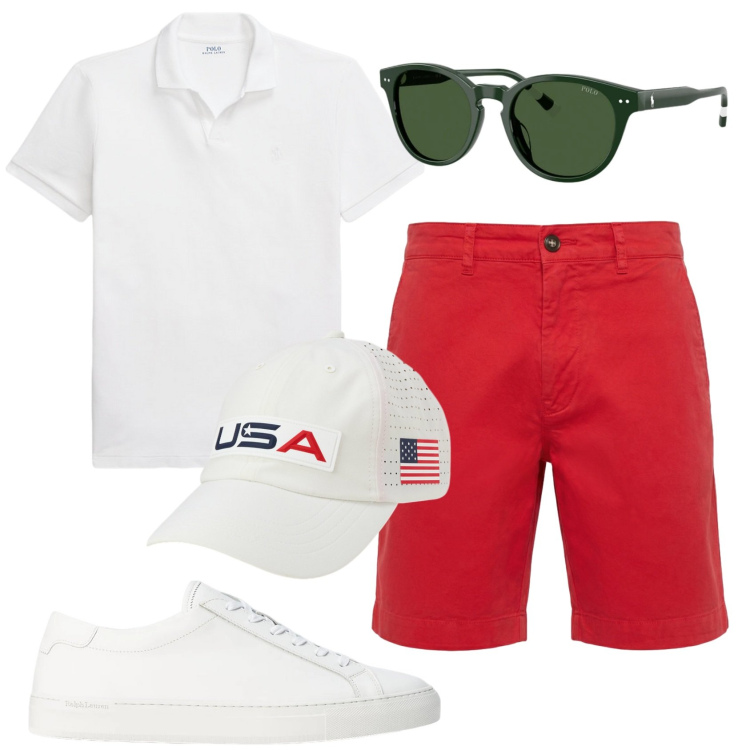 Outfit uomo - Total look #2398094. Stile Casual per Tutti i giorni. Abbinamento con bermuda, sneakers, polo, cappelli con visiera, occhiali da sole.