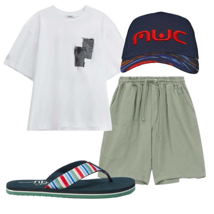 Outfit uomo - Total look #2398100. Stile Casual per Mare. Abbinamento con cappelli con visiera, bermuda, t-shirt, sandali.