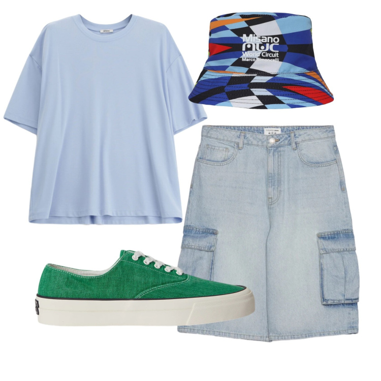 Outfit uomo - Total look #2398101. Stile Urban per Mare. Abbinamento con cappelli, pantaloni corti, t-shirt, sneakers.